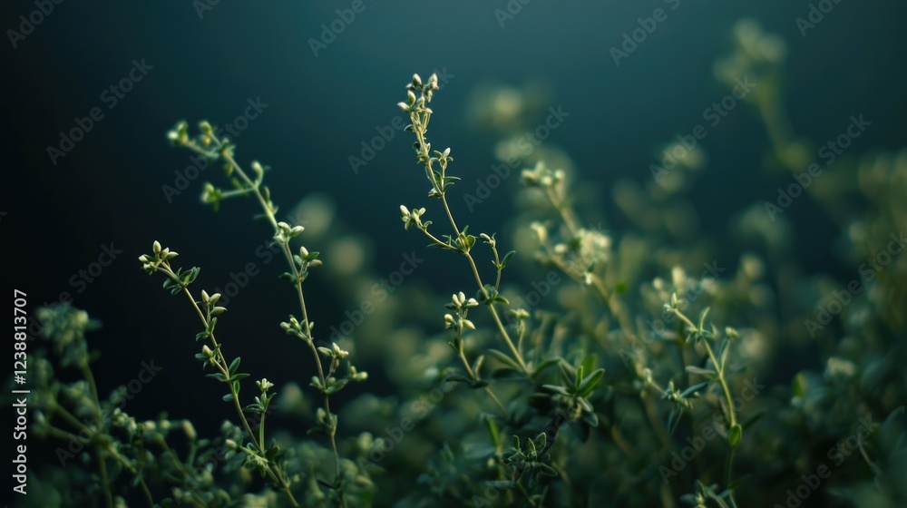 Naklejka premium A close-up view of a small plant with tiny white flowers, perfect for highlighting details in a still life or nature scene