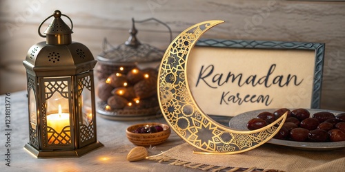 Elegant Ramadan Lantern and Crescent Moon with Ramadan Kareem Calligraphy