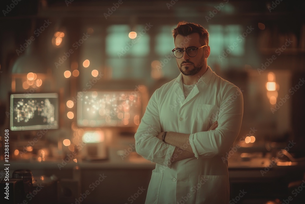 Fototapeta premium Confident Scientist in Dimly Lit Laboratory with Bokeh Lights and Computer Screens