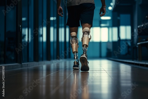 Amputee sportsman walking in corridor with bionic prosthetic legs prosthesis with robotic technology. Advancements in medical science and engineering, determination, strength, progress of the disabled photo