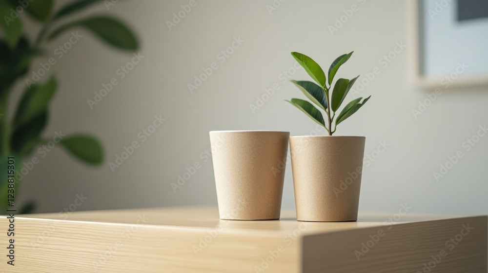 Plant sprout in eco cups on wooden table, minimalist home office Plant sprout in eco cups on wooden table, minimalist home office