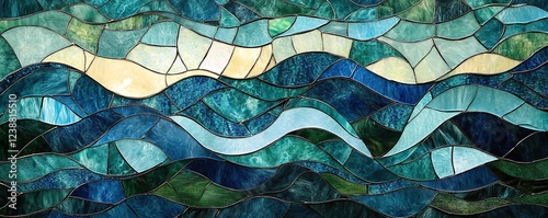 A mosaic of stained glass, depicting waves in shades of blue and green