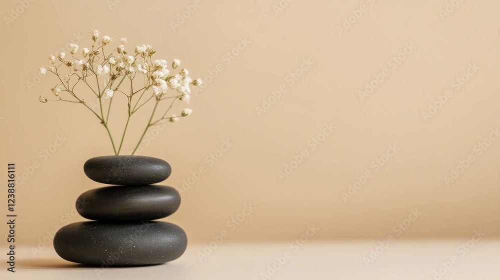 Tranquil spa stones flowers beige background wellness