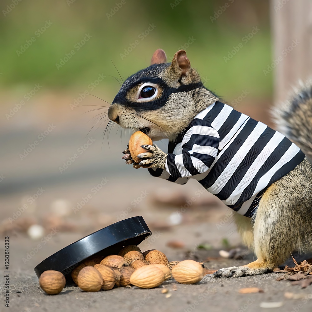 Obraz premium A squirrel in a tiny black mask and striped thief outfit, stuffing its cheeks with stolen acorns while trying to escape from a nut vault.ai generative