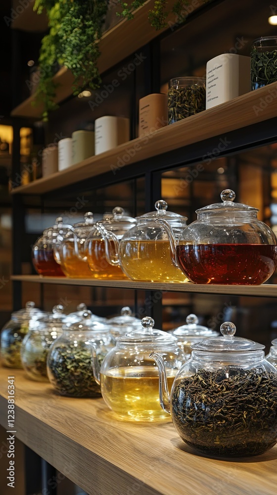 A modern tea house with glass teapots and a selection of loose-leaf teas. pic A modern tea house with glass teapots and a selection of loose-leaf teas. pic