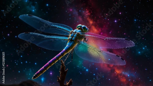 A colorful dragonfly is flying in the night sky