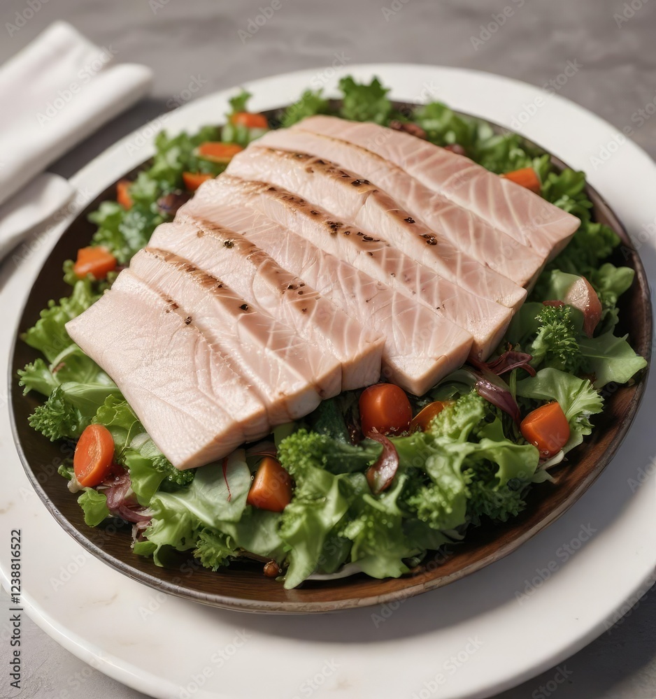 Thinly sliced swordfish on a bed of mixed greens , raw fish, swordfish, carpaccio Thinly sliced swordfish on a bed of mixed greens , raw fish, swordfish, carpaccio