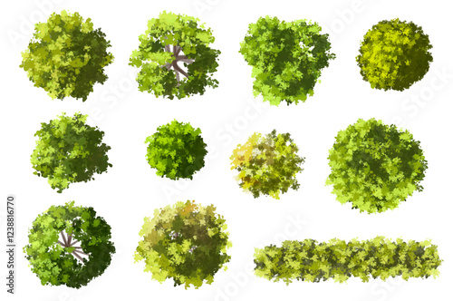 Vertor set of green tree,plants top view for landscape plan,schematic layout,eco environment concept design,watercolor greenery illustration