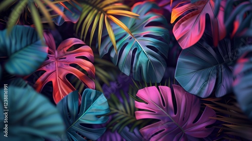 colorful tropical leaves with neon lighting in dark colors for hyper-realistic digital art