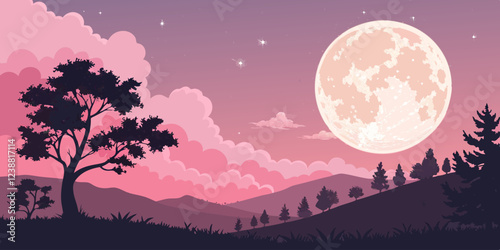 landscape with moon and starsSerene moonlit landscape, silhouette of lone tree, pink and purple sky, full moon, starry night, rolling hills, dreamy atmosphere, peaceful scenery, twilight colors, fanta