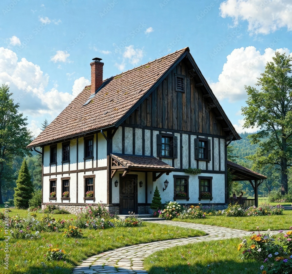 Traditional German farm with a steep roofline and wooden façade, sauerland region, overhanging eaves, thatched roof Traditional German farm with a steep roofline and wooden façade, sauerland region, overhanging eaves, thatched roof