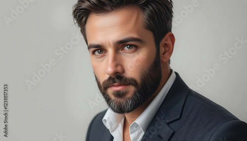 Portrait of a handsome man with a beard, wearing a suit, looking intensely at the camera, professional headshot, high-resolution image, stylish, confident, attractive male model