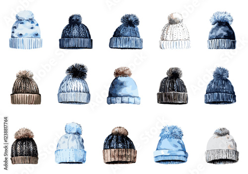 Winter Hats Collection Watercolour Illustration On White Background Unique Artwork Cozy Design Creative Illustrations Stylish Headwear Decorative Elements Seasonal Fashion Artistic