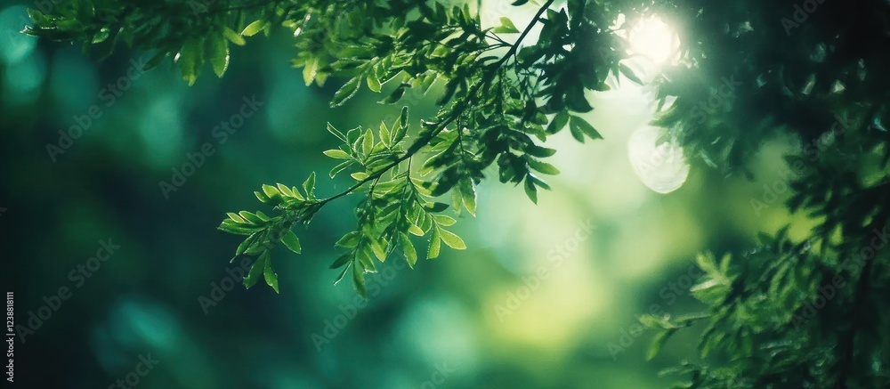 Sunlit green leaves, forest background, nature backdrop Sunlit green leaves, forest background, nature backdrop