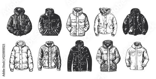 Winter Jackets Collection Ink Pen Style Illustration White Background Outerwear Designs Stylish Coats Insulated Jackets Warm Apparel Illustrations Winter Fashion Trendy Outerwear