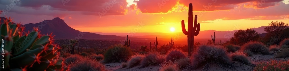 Desert sunset with saguaro and agave in the foreground, landscape, cactus Desert sunset with saguaro and agave in the foreground, landscape, cactus