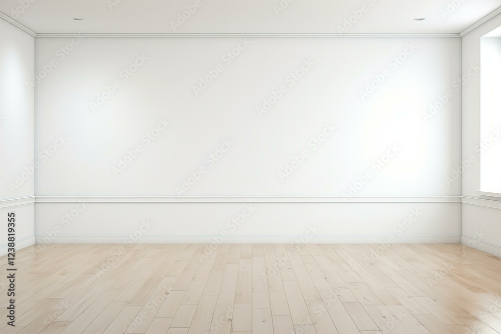 Interior of empty room with white walls, light wood floor and window providing natural lighting, perfect for showcasing furniture and decor Interior of empty room with white walls, light wood floor and window providing natural lighting, perfect for showcasing furniture and decor