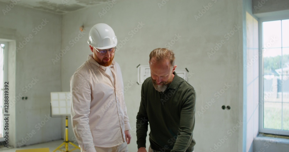 The client negotiates the details of the construction of the house with the foreman. They are standing at a construction site The client negotiates the details of the construction of the house with the foreman. They are standing at a construction site