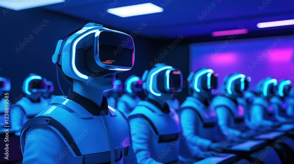 Obraz premium Futuristic Classroom with Students Using VR Technology in Neon Light