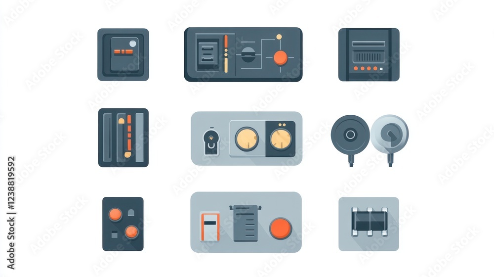 Control panel icons; various gauges, switches, and buttons; futuristic design; UI elements; website design Control panel icons; various gauges, switches, and buttons; futuristic design; UI elements; website design
