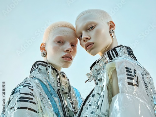 Elegant portrait of two albino female models in futuristic fashion photo