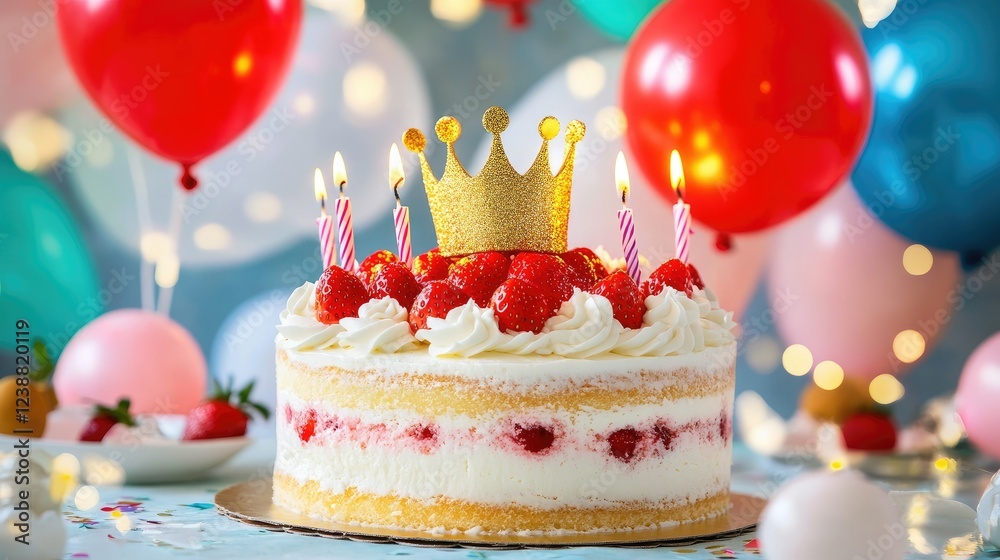 A birthday setup featuring a strawberry cream and vanilla cake with a golden crown, styled with candles, balloons, and festive party decorations. A birthday setup featuring a strawberry cream and vanilla cake with a golden crown, styled with candles, balloons, and festive party decorations.