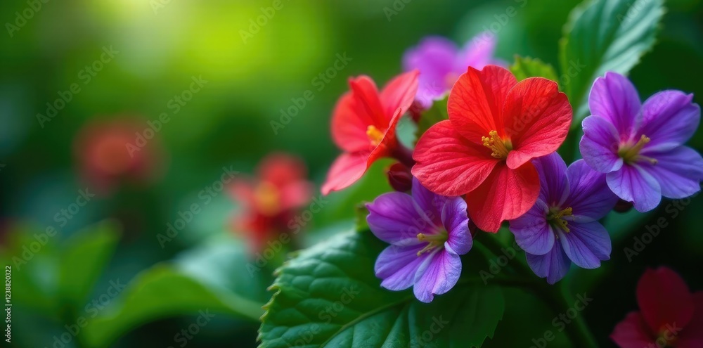 Red and purple flowers peeking through an emerald green leafy cloak, flowers, colorful blooms Red and purple flowers peeking through an emerald green leafy cloak, flowers, colorful blooms