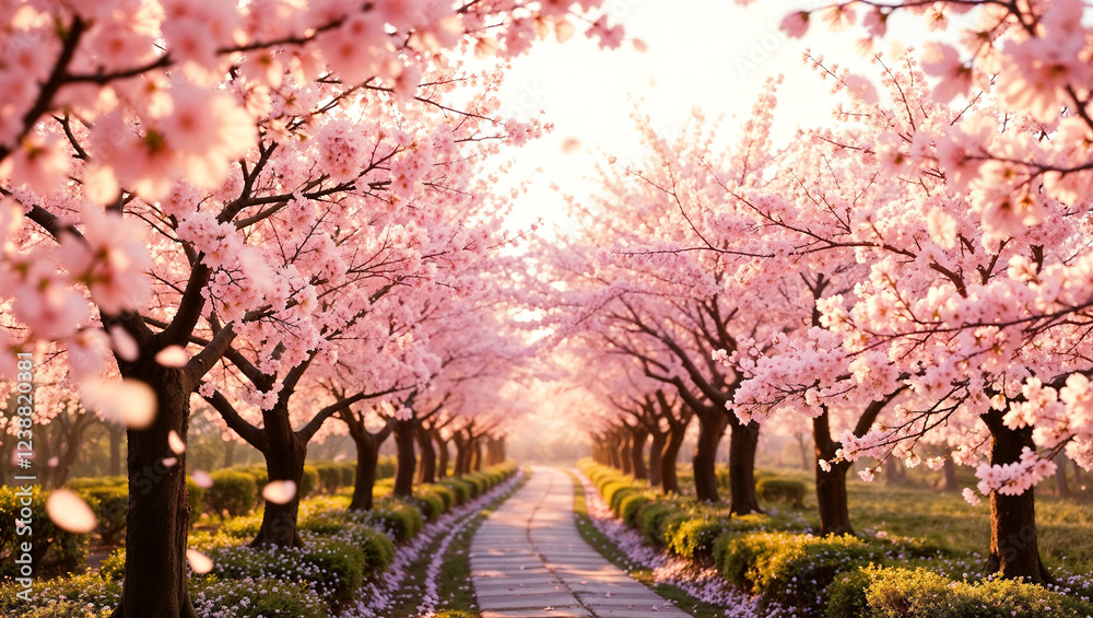 Cherry blossom alley in Japan, petals floating in the air, shallow depth of field, warm golden hour lighting Cherry blossom alley in Japan, petals floating in the air, shallow depth of field, warm golden hour lighting