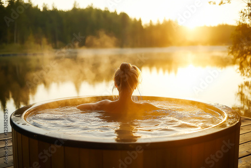 Relaxed young woman enjoying hot tub by serene lake at sunset