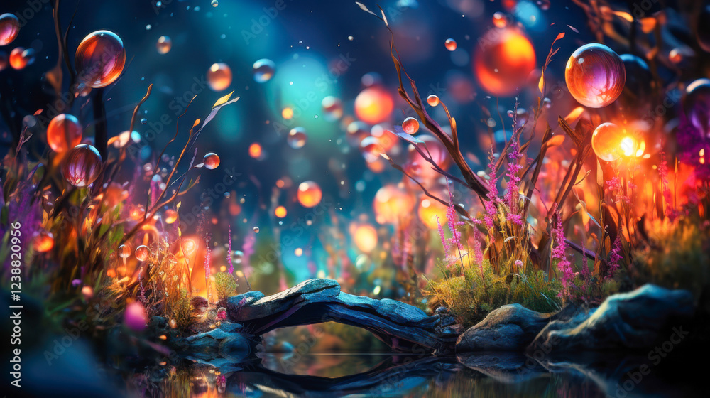 Obraz premium Surreal landscape filled with colorful bubbles hovering above vibrant flowers and casting reflections in a tranquil pond