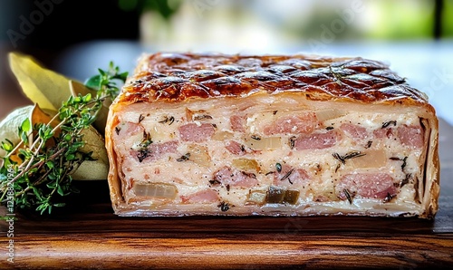 Savory pork pie featuring shoulder, liver, and fresh herbs for a gourmet meal photo