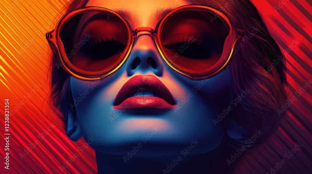 Stylish woman in bold sunglasses with dramatic lighting and red background Stylish woman in bold sunglasses with dramatic lighting and red background