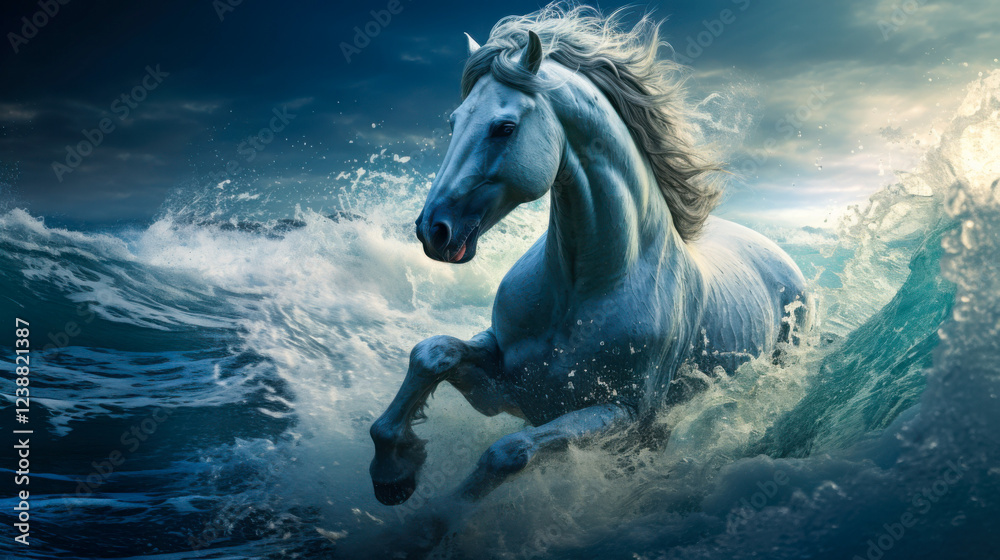 Obraz premium White horse galloping on the waves under moonlight reflecting across the serene sea at night