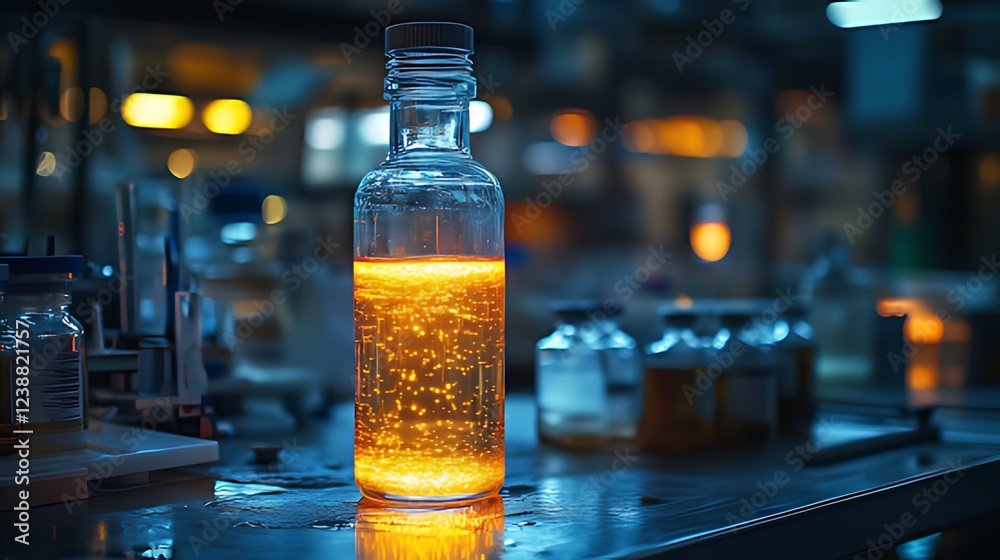 Glowing liquid in lab bottle, night research Glowing liquid in lab bottle, night research