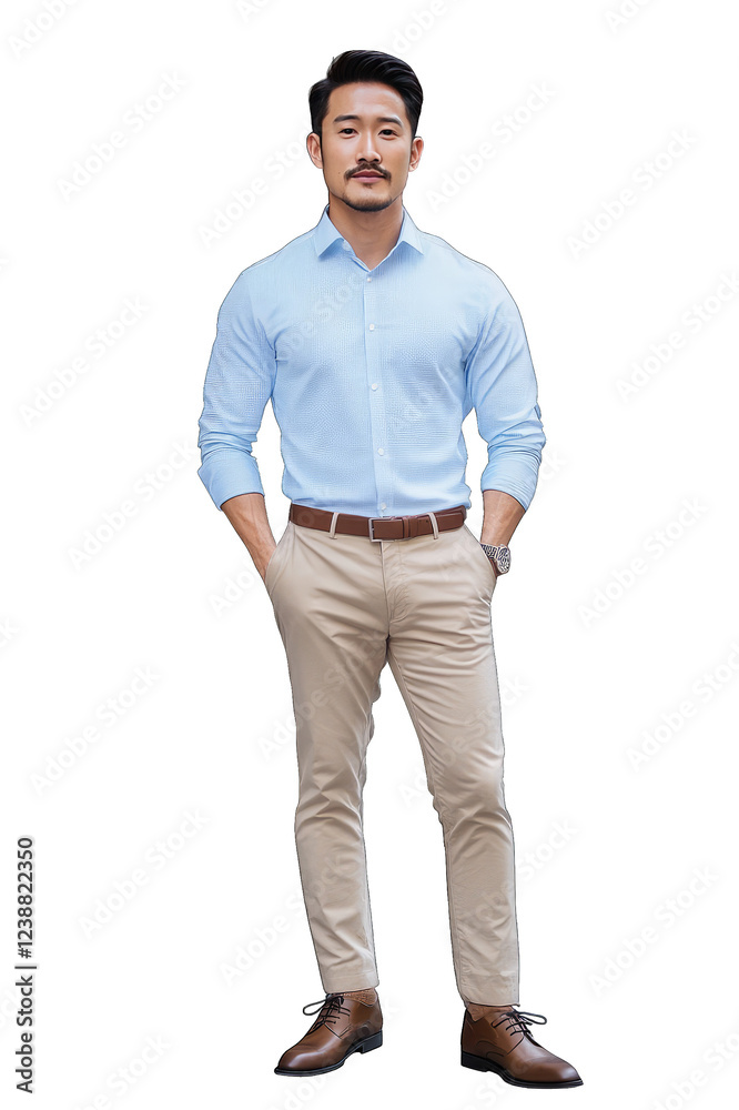 Fototapeta premium A well-dressed man stands confidently in a light blue shirt and beige chinos, perfect for showcasing menswear fashion or business attire. Use this image for your website or social media.