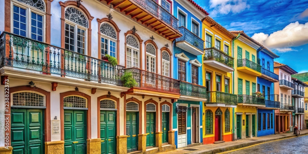 Fototapeta premium Colorful street scene with colonial-style buildings and ornate balconies , wooden shutters