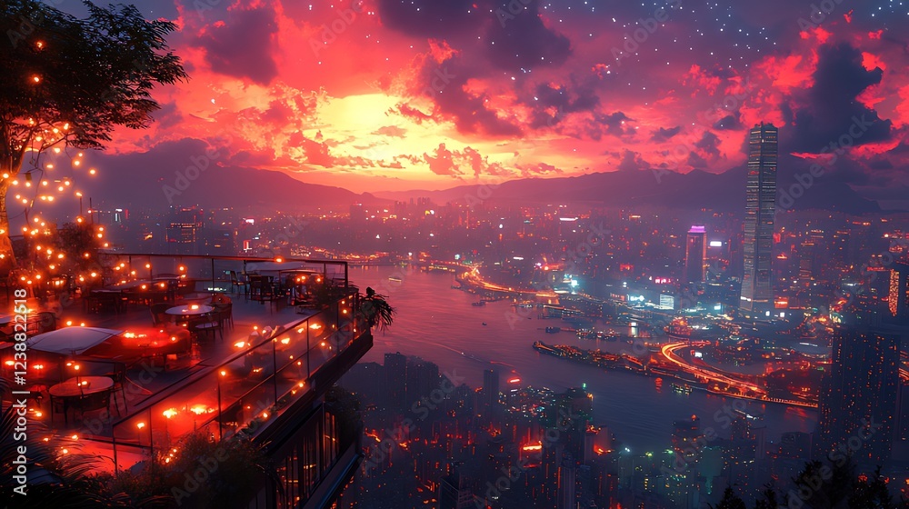 Fototapeta premium Rooftop sunset cityscape dining, Hong Kong