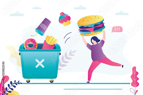 Fat woman throws junk food into trash can. Concept of healthy eating and weight loss. Smart girl choosing the right nutrition. Refusal of sweet and junk food.