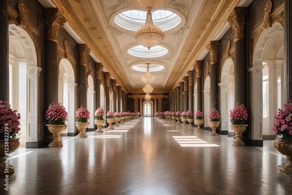 A luxurious long corridor of a palace, adorned with giant columns and elegant golden paneling