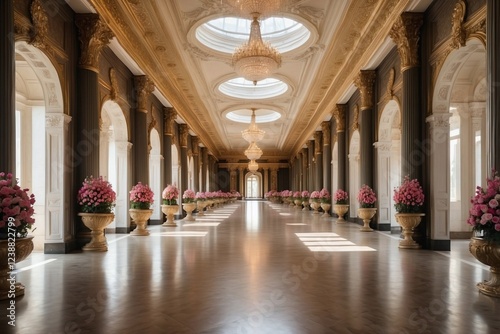 Obraz na płótnie A luxurious long corridor of a palace, adorned with giant columns and elegant golden paneling w salonie