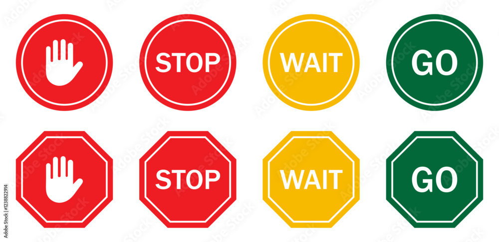 Stop, wait and Go vector symbols, forbidden and alert icon set road safety sign board symbols . Stop sign red color isolated. Vector symbols. Stop, wait and Go vector symbols, forbidden and alert icon set road safety sign board symbols . Stop sign red color isolated. Vector symbols.