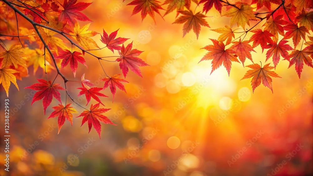 Soft focus autumn foliage with a maple branch displaying vibrant red and yellow hues, set against a warm sky backdrop , tree branches , outdoor scene Soft focus autumn foliage with a maple branch displaying vibrant red and yellow hues, set against a warm sky backdrop , tree branches , outdoor scene