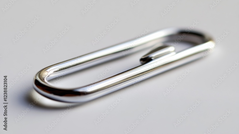 Close-up of a shiny metal paperclip on a white surface Close-up of a shiny metal paperclip on a white surface