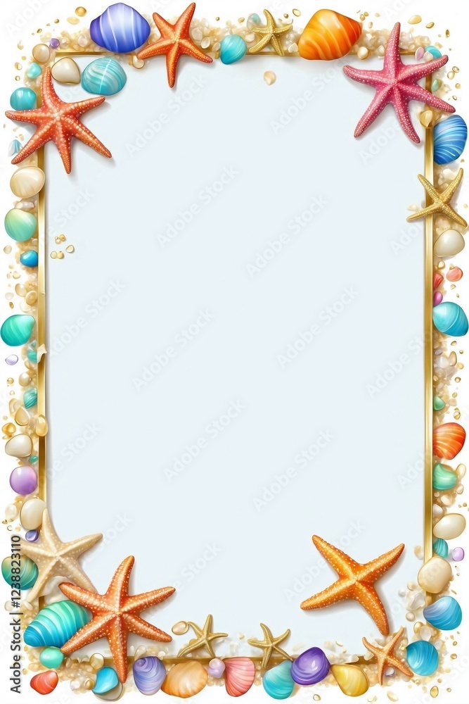 A thin elegant frame decorated with colorful small seashells and starfish