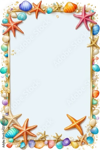 Obraz na płótnie A thin elegant frame decorated with colorful small seashells and starfish w salonie