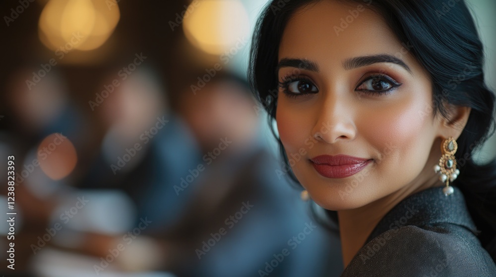 Fototapeta premium A close-up shot of a woman wearing a suit and earrings, ideal for business or professional use