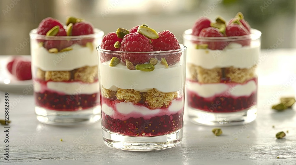 A refreshing summer dessert in transparent glasses, layered with yogurt and raspberries, garnished with pistachios and honeycomb A refreshing summer dessert in transparent glasses, layered with yogurt and raspberries, garnished with pistachios and honeycomb