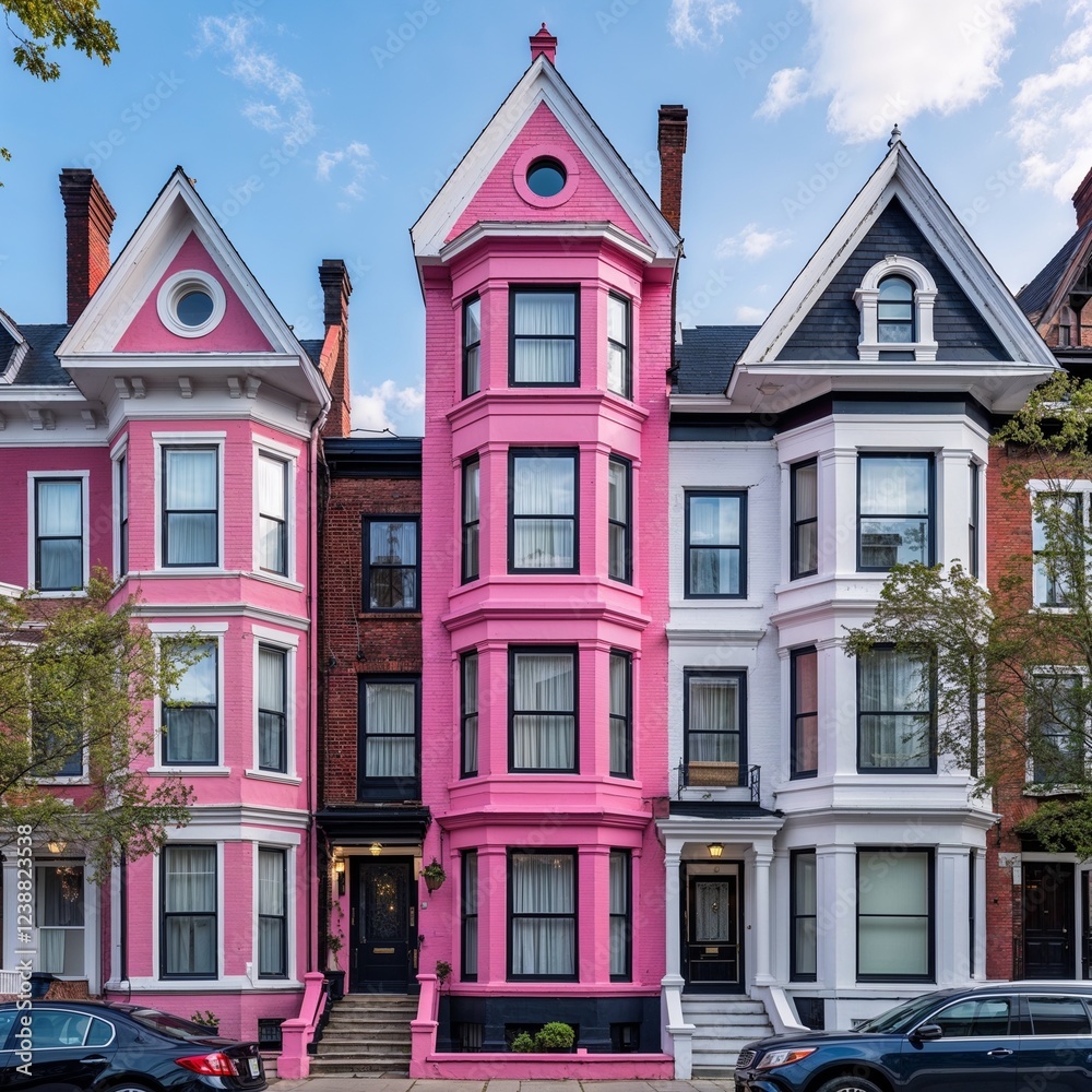 Obraz premium Victorian row house house pink and white on plain white background