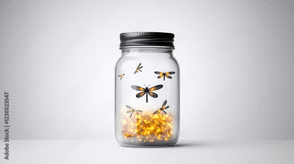Enchanted Jar of Glowing Fireflies Illuminating a Magical Atmosphere in Still Life Composition Enchanted Jar of Glowing Fireflies Illuminating a Magical Atmosphere in Still Life Composition