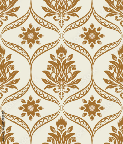Damask seamless pattern with ornament, vector illustration elegant for textile design, wall paper, curtain, cushion, bedding, upholstery fabric, rug, vintage, Victorian design, abstract 